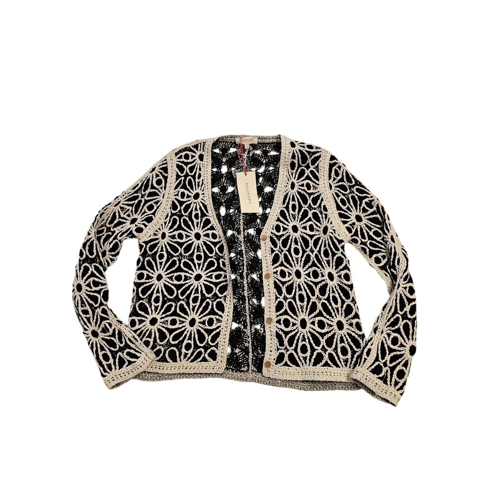 Solitaire Black White Crochet Lace Floral Top Large Handmade NWT 24-636
